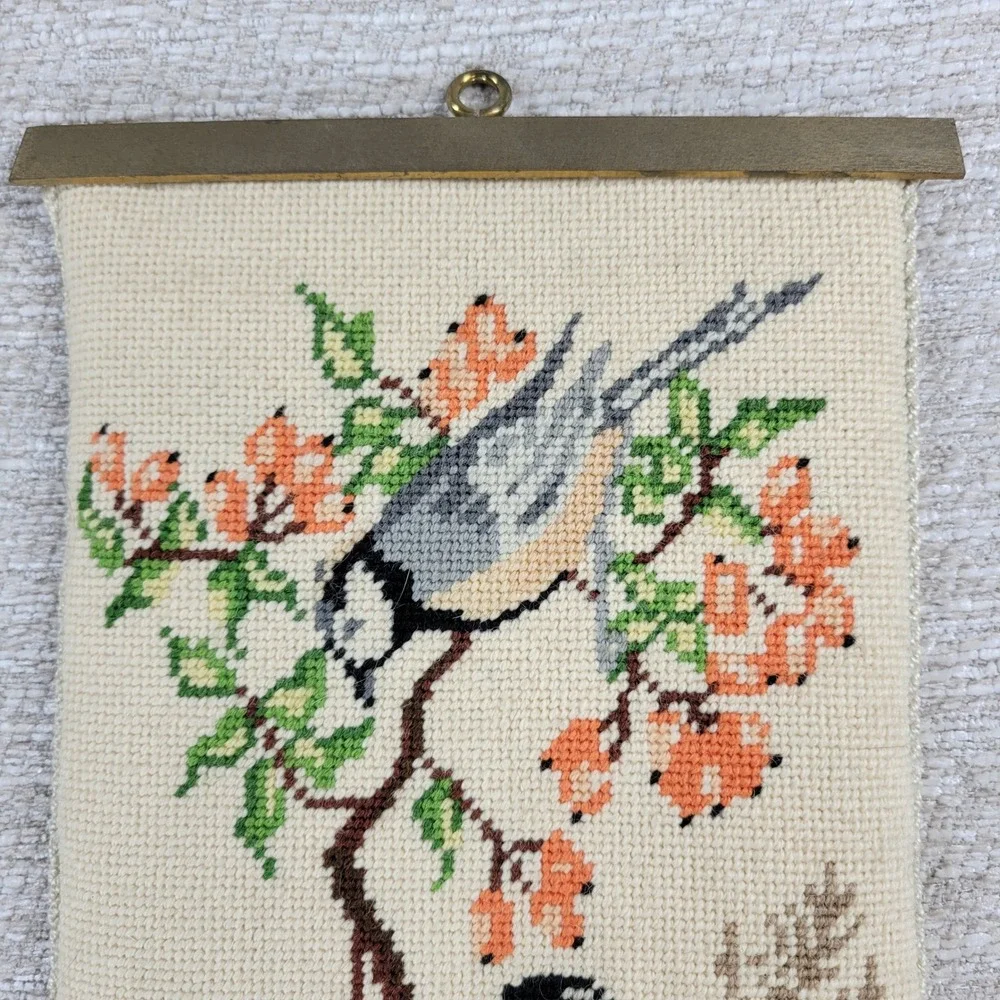 Vintage Crewel Needlework Birds Vines Wall Hanging Pantry Butler Pull